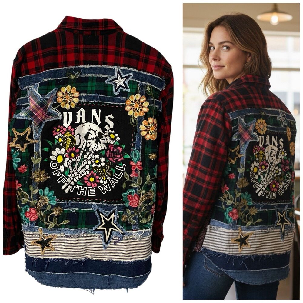 Upcycled Flannel Shirt Jacket Shacket Womens XL Skateboard Grunge Patchwork